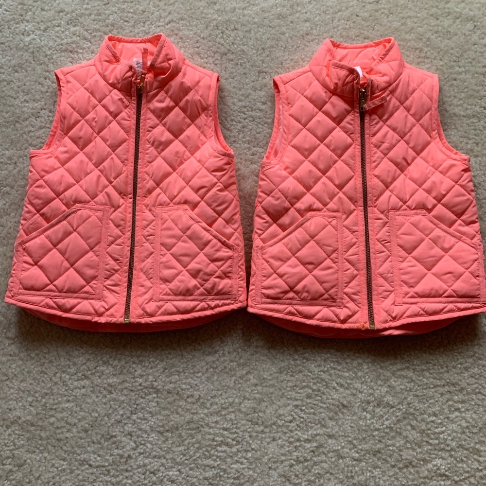 Twin girls matching pink puffy vests